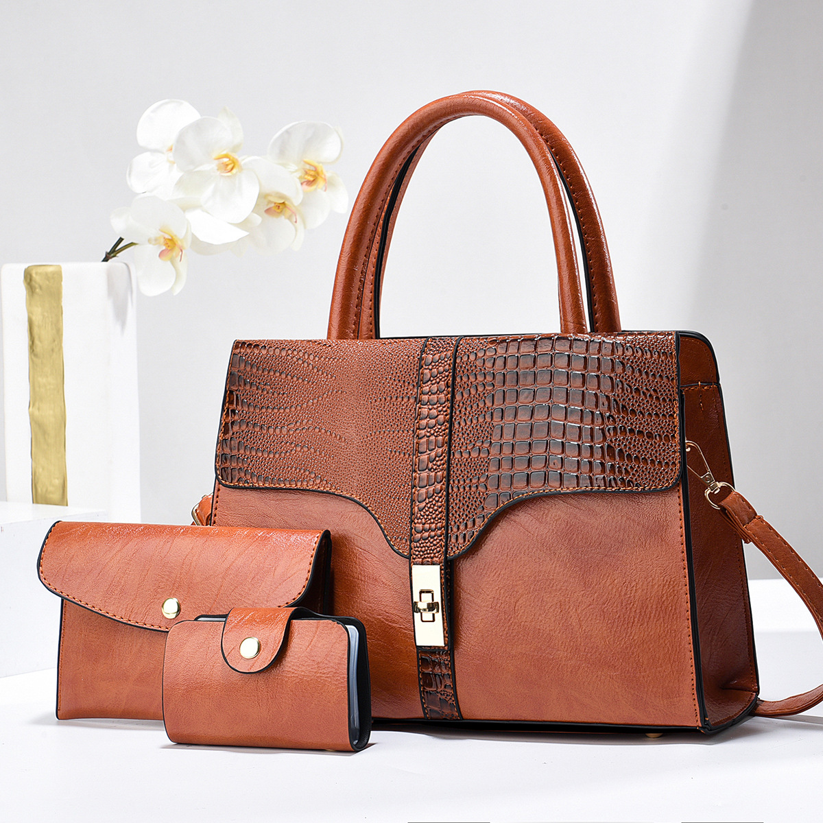 Stylish Pattern Leather Tote Womens 3-Piece Handbag Set with Wallet